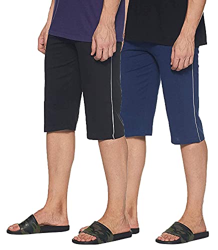 Image of SOUTH SAILOR Men's Cotton 3 /4Th Capri Shorts Side Pockets with Zip (Combo of 2, Black-Blue, Large)