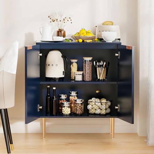 Image of Floated Panel Wooden Sideboard Cabinet | 2 Door Storage Unit with Metal Legs | Premium HDMR Wood Console Cabinet for Living Room, Kitchen & Dining | DIY Leg Assembly | Blue
