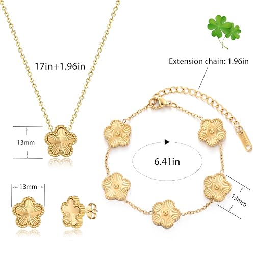 Four Leaf Clover Bracelet Set for Women - 18K Gold Plated Flower Lucky 4 Leaf Necklace Bracelet Earrings Jewelry Sets Gift for Women2