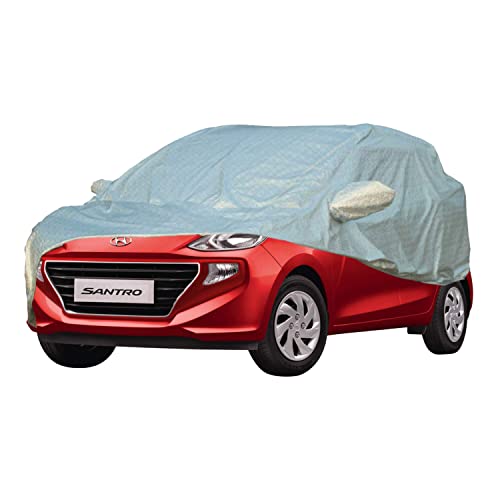 Image of Allextreme Car Body Cover for Hyundai Santro All Models & Years 100% Waterproof Triple Stitched with Mirror Pockets Full Bottom Elastic Dustproof Heat & UV Resistant Full Body Protection (Silver)