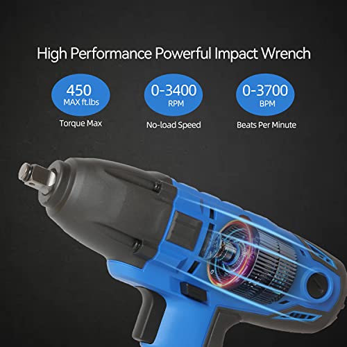 7.5A Electric Impact Wrench, 1/2 Impact Driver Chuck, 3400 Rpm Power Wrenches 450 Ft-Lbs Max Torque With 4 Pcs Impact Sockets And Carry Case #TOP3