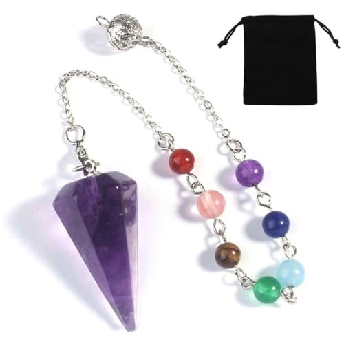 KGDUYC Pendolo esoterico,Pendolo radioestesia,Collana con Pendente Conico con Colonna Esagonale in Cristallo di Pietra Yoga (Viola)
