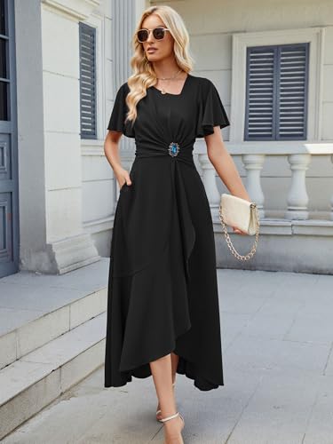 Image of QMZ Wedding Guest Dresses for Women V Neck Cocktail Dress Ruffle Sleeve A Line Evening Party Formal Dresses for Women