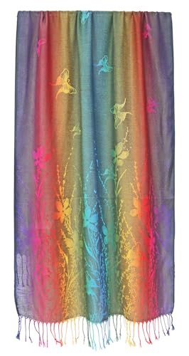 Woven Rainbow Colorful Butterfly and Flower Pride Soft Fringe Pashmina Shawl Scarf Wrap