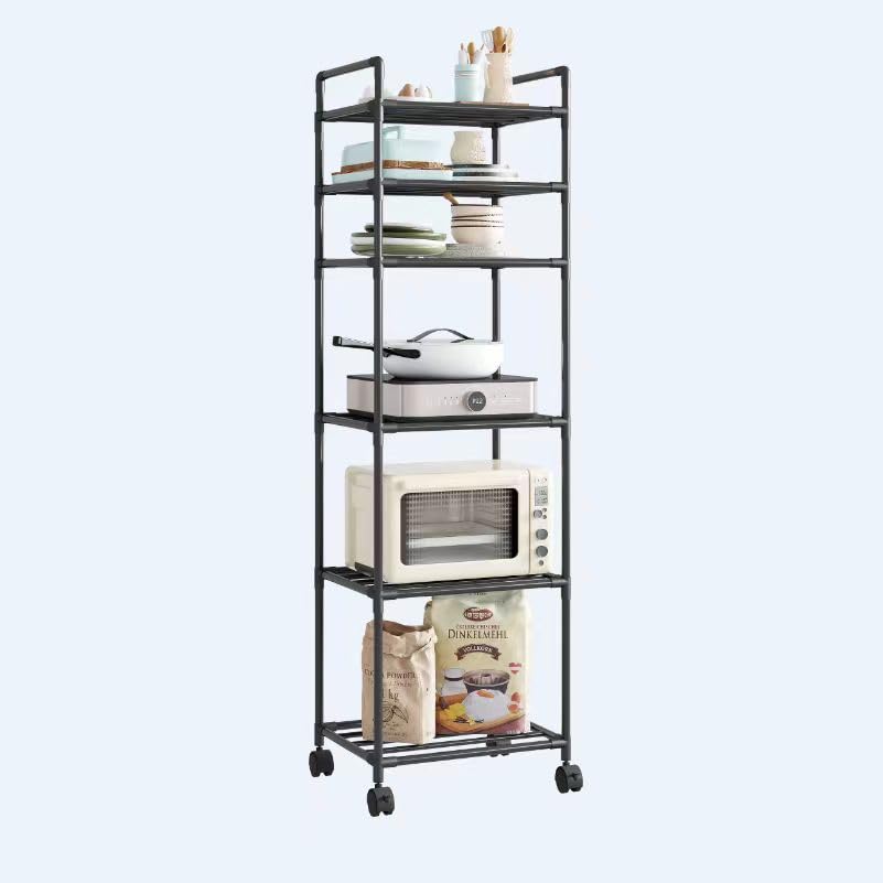 Beauenty 6 Tier Kitchen Storage Rack Metal Adjustable Storage Rack with Wheels Multifunction Movable Shelf with Handle for Bedroom Kitchen Offices Gym (Black, 6Tier)