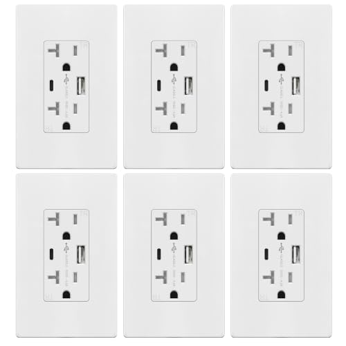 TOPGREENER USB Outlet Type C & Type A USB Wall Outlet 20 Amp Tamper-Resistant Receptacle Charging Power Outlet with USB Ports Wall Plate Included UL Listed TU22036AC-W-6PCS White 6 Pack