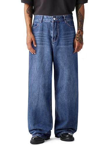 JMIERR Wide Leg Jeans for Men Big and Tall Baggy Trousers Pants Y2k Hip Hop Denim Pant Vintage Skateboard Jean, Dark Blue L