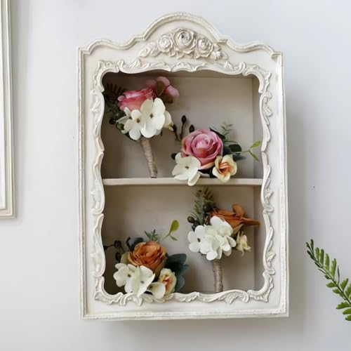 Image of Vintage White Wall Cabinet, Farmhouse Resin Floating Shelf & Decorative Wall Display Rack for Living Room, Bedroom & Kitchen
