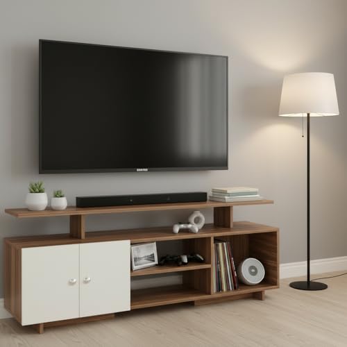 Image of FURNEASER Eskido Engineered Wood TV Entertainment Unit, Floor Standing TV Cabinet with Storage Shelves for Living Room, TV Stand for 32,43,50 & 55 Inch TV (Exotic Teak & White) (Exotic Teak & White)