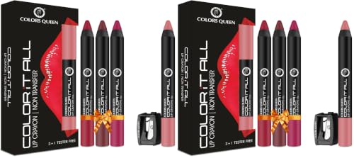 Image of Colors Queen Color It All Long Lasting Pack of 6 & Get 1 Free Crayon Lipstick Combo | Up to 18 Hours Stay | Matte Finish | Water, Smudge Proof (Hot Red, Plum House, Plum Pick & Nude Bomb,3.5g)