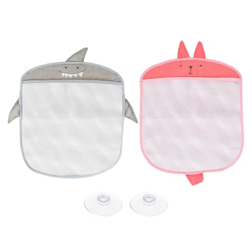 TOYANDONA Bolsa de Almacenamiento de Juguetes, Bolsa Colgante de Malla para Baño con Ventosas, 2 Piezas (conejo Rosa y Tiburón Gris), Multiusos para Organizar y Guardar Juguetes Pared