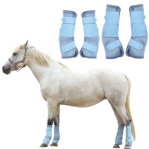TARFEPA Adjustable Horse Fly Boots Set of 4, Equine Leg Protection Reduce Stomping, Breathable Mesh Fly Boots for Horses, Horse Leggings Leg Guards - Light Blue - Pony