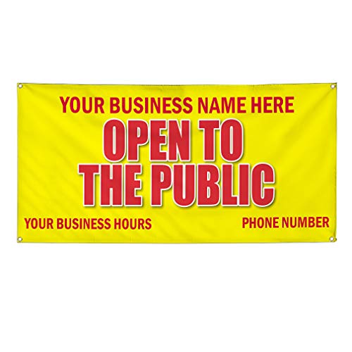 Vinyl Banner Multiple Sizes Open to The Public Advertising Printing D Business Outdoor Weatherproof Industrial Yard Signs Yellow 4 Grommets Personalized Text Here 16x40Inches