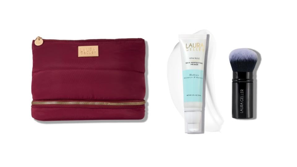 LAURA GELLER NEW YORK Spackle Makeup Primer, Hydrate + Retractable Airbrush Kabuki Brush + Quilted Makeup Bag with Brush Case, Burgandy