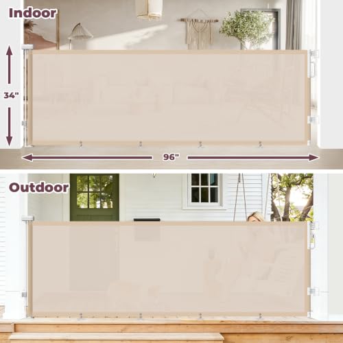 Image of 96 inch Retractable Baby Gate, Long Mesh Dog Gate for Garage Deck Porch | Strong Suction Disc Prevent Crawling Under, 34 inch Tall Child Safety Gate for Large Openings, Indoor Outdoor Use, Beige