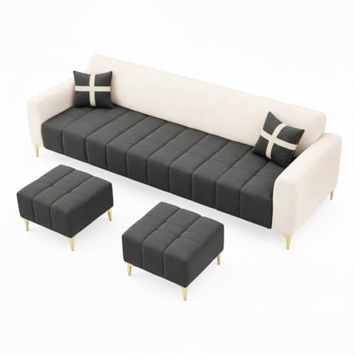 Image of Melody 3 Seater Modular L Shape Sofa Set with 2 Ottoman | Soft Velvet Upholstery, Sturdy Wooden Frame | Modern Sofa for Living Room, Hall & Office Spaces (Cream-Dark Grey)