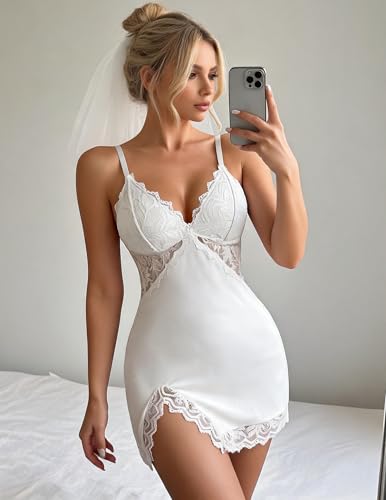 Image of Avidlove Women's Lingerie Lace Nightgown Babydoll Modal Chemise Spaghetti Strap Sleepwear Sexy Slip Side Nightwear