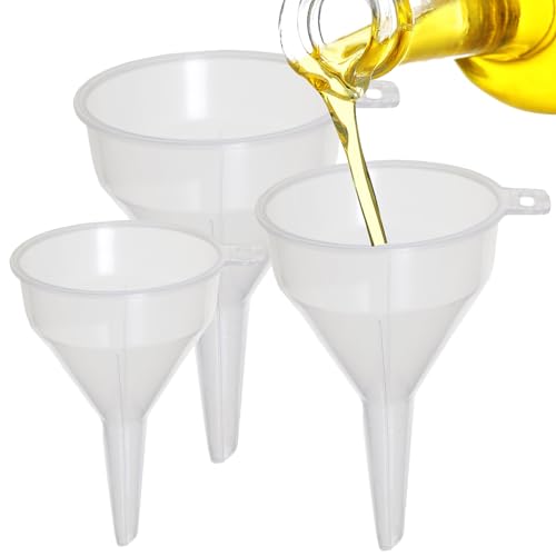 Image of Transparent Home Kitchen Funnel 3 Sizes Food Grade Plastic For Filling Bottles Containers With Holders Perfect For Garage & Labs (3, 14CM)
