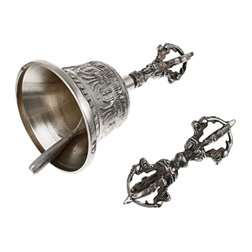 仏教の金剛杵 ハンドベルセット 真鍮製 シルバー 12X6.5X6.5CM 瞑想用 装飾時計 クリスマス飾り ヨガベル 寺院 リビングルーム ダイニングルーム向け (銀,14X7.5X7.5CM)