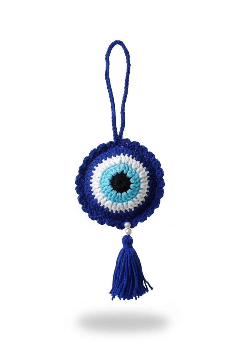 RAPPRO Handmade Evil Eye Dreamcatcher Wall Hanging – Blue & White Crochet Dream Catcher with Feathers & Beads – Boho Home Décor, Protection & Good Luck Charm-image-15