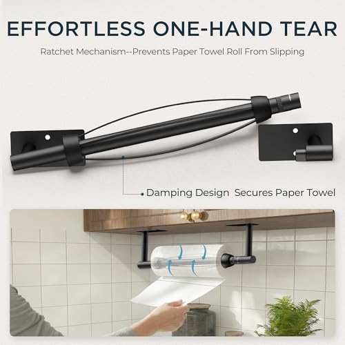 Image of FORIOUS Paper Towel Holder Under Cabinet, Single Hand Operable with Adjustable Damping for Easy Tear, Adhesive or Drill Wall Mount, 304 Commercial Paper Towel Holder for Kitchen Bathroome, Matte Black