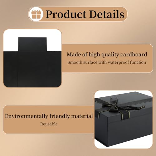 Geschenkbox mit Deckel, 22,5 x 16 x 8,5cm Schwarze Geschenkbox Geburtstag, Geschenkverpackung mit Grußkarte, Lichterkette, Bast und Tragetasche, Geschenkkarton für Hochzeit, Geburtstag