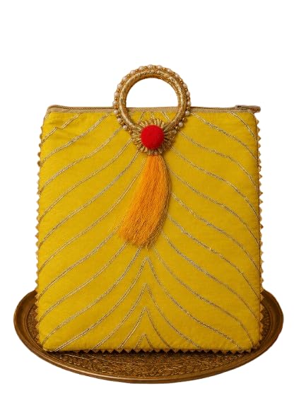 Womens Ethnic Potli Bag - Cream Festively Embroidered Handbag with Round Pearl Ring Handle, Red Pom Pom, and Tassel Accent for Weddings and Traditional Occasions-image-34