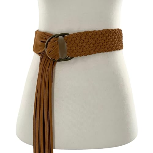 Wide Waist Suede Leather Woven Dress Belt for Women, Braided with Tassel for Tunics2