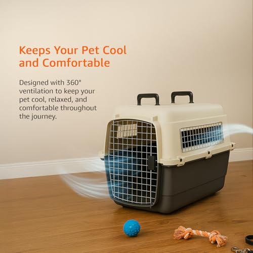 Image of Amazon Basics Heavy Duty Pet Airline Carrier | IATA Approved Medium Pet Carrier | Travel Pet Kennel | Suitable for Medium Size Dogs | Breathable & Washable | 32 Inches