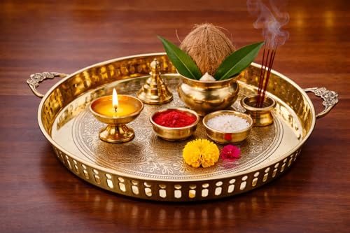 Image of Mkd2 Rise Handmade Embossed Pure Brass Puja Thali with Handle, 12 Inch Round Pooja Plate (Gold, 1 Piece) for Home Temple, Mandir, Office, Festival, Wedding, Diwali Gift