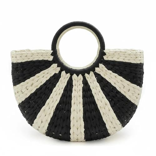 Bolso redondo retro de paja trenzada azul y beige miniatura 1