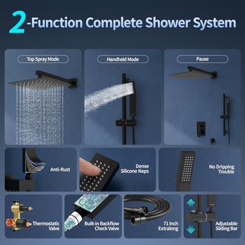 Image of SR SUN RISE 12 Inch Square Shower System with Slide Bar,Matte Black