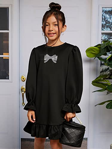WDIRARA Girl's Bow Print Rhinestone Flounce Sleeve Crew Neck Ruffle Hem Smock Dress3