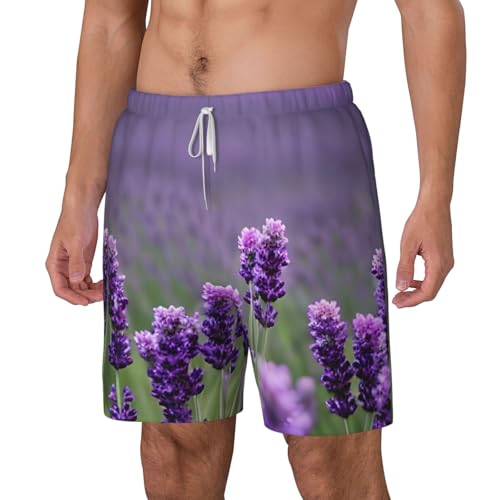 Purple Lavender Colored Flowers Print Mens Swim Shorts Trunks Inseam Compression Liner Quick Dry Zipper Pocket2