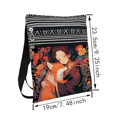 Floral Fox Messenger Bag Small Ethnic Pattern Printed Adjustable Strap Crossbody Zipper Bag Floral Fox Phone Bag Wallet Cute Shoulder Handbag for Women Friends -12