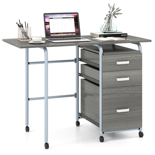 COSTWAY Scrivania Salvaspazio con 3 Cassetti e Ruote Bloccabili, Scrivania Porta PC Pieghevole con Struttura in Metallo per Studio e Ufficio, 105 x 50 x 75 cm, Portata 100 kg (Grigio)