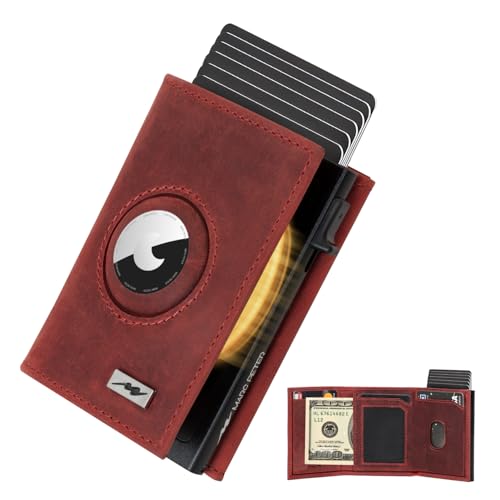 Image of AirTag Wallet - Full Grain Leather, Mens Minimalist Wallet with Apple Air Tag Holder, Slim Smart Pop up Card Case, ID Window, RFID Blocking Wallet for Men and Woman Red Crazy Horse