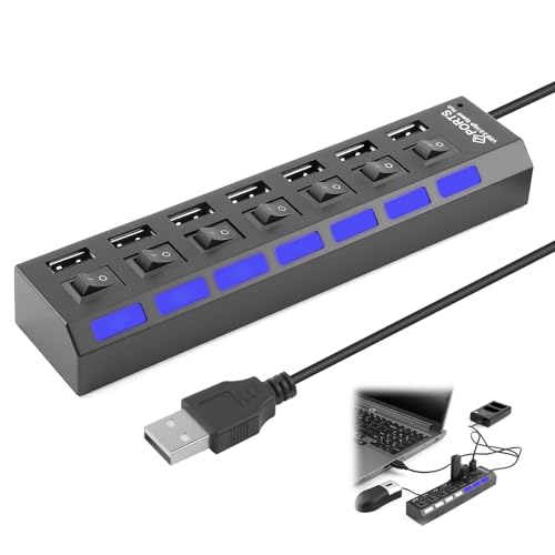 Hub USB 2.0 Alimentato, 7 Porte Sdoppiatore USB con Singoli Interruttori On/Off e Luci a LED per PC, Unità Flash, Mouse, Tastiera, Fotocamera, MP3, Trasmissione Dati e Altro