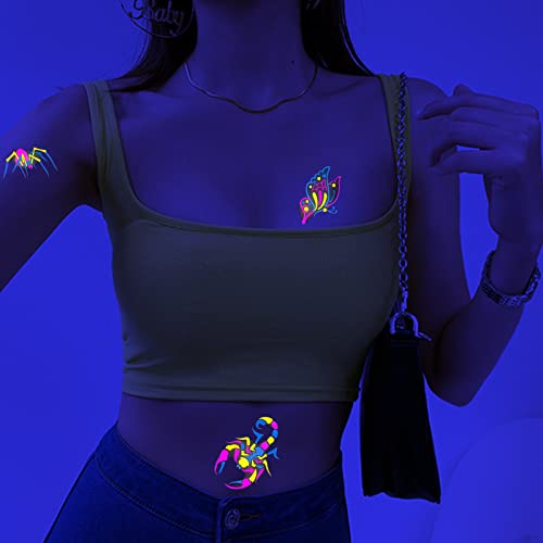 Neon Temporary Tattoos Glow In The Uv Neon Tattoos Stickers 61 Glitter Styles Dragon Scorpion Spider Cool Fake Waterproof Tattoos For Men Women Party Decoration #TOP3