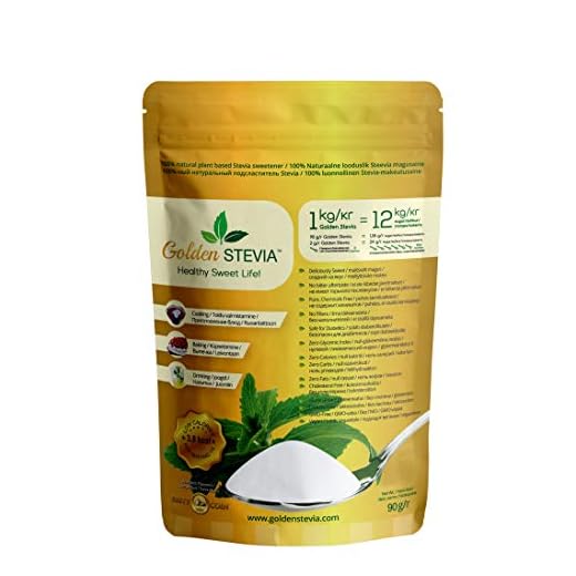 Golden Stevia pura 100% en polvo 90gr = 1kg de reemplazo de azúcar 1:12, sabe a azucar natural, baja en calorias, dieta cetogenica, adelgazar, diabeticos, sin gluten , vegan, para cocinar y hornear