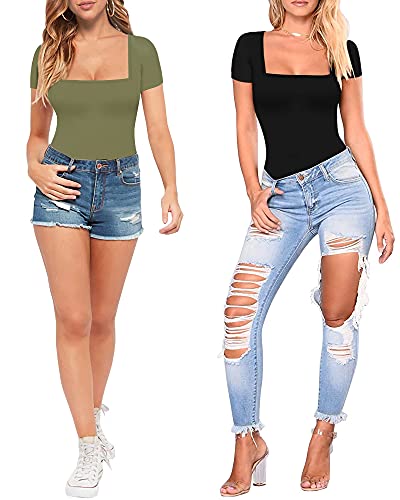 Image of MANGOPOP Womens Short Sleeve Square Neck T Shirts Tops Fitted Tees(Army Green, Medium), Green, Medium