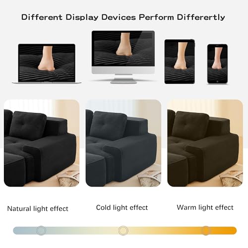 Image of 117 inch L-Shaped 3-Seater Modular Boneless Couch with Ottoman, Soft Corduroy Cloud sectional Sofa, Deep Seat Ergonomic Design, No Assembly Anti-Slip Sofa for Living Room, Black