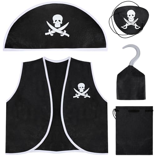 NALACAL Kids Pirate Costume Set Pirate Captain Dress Up Outfits Playset with Pirate Hat Vest Coin Bag Eyepatch Hook for Boys Girls Halloween Role Play Cosplay 5Pcs - S Size
