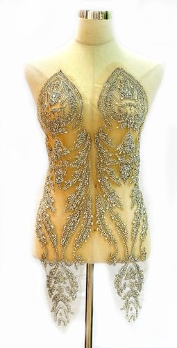 Labellezalady Silver Beaded Rhinestones Applique for Prom Dresses,Large Bcodice Applique,Sparkling