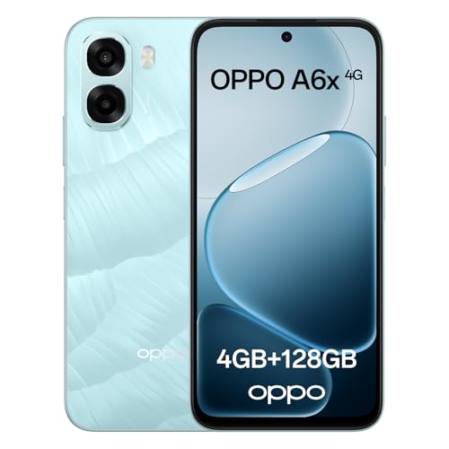 OPPO A6x 4G Smartphone Android Liberado, 4+128GB, Pantalla Ultra Brillante 6.75' 120Hz, Cámara Ultra Clara, Batería 6100mAh, Protección de Fluidez 48 Meses, Snapdragon 685, IP64, Ice Blue