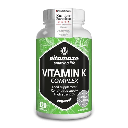 Vitamin K2 + K1 Complex - High Strength (K1 1.000 mcg MK4 + K2 200 mcg MK7 Menaquinone) - 120 Vegan Capsules for 4 Months - Best Bioavailability Supplement - Without Additives- Vitamaze