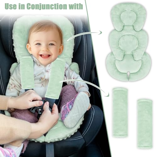 Image of GFU Infant Car Seat Insert Head and Body Support, Reversible Newborn Insert for Carseat with Strap Pads, Soft Stroller Cushion Pillow Insert for Boys and Girls, Fits for Stroller, Swing, Green