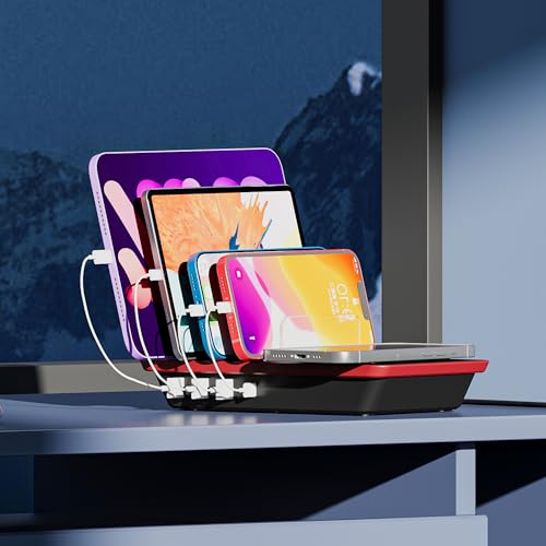 Charging Station for Multiple Devices, 85W 4 Ports Charger Station with Powerful 18W PD USB C Ports, 15W QI Wireless Charger and 3 USB 5V / 4.8A Charging Ports Compatible with iPhone iPad, Tablets