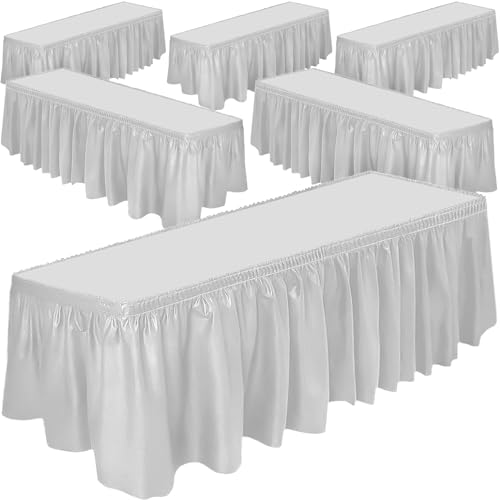 DecorRack 6 Pack Table Skirts, 29 in x 14 ft Each, Multi Pack -BPA Free- Plastic Tableskirt, Disposable, Reusable, Rectangular Tablecloth Skirt, White (6 Pack)