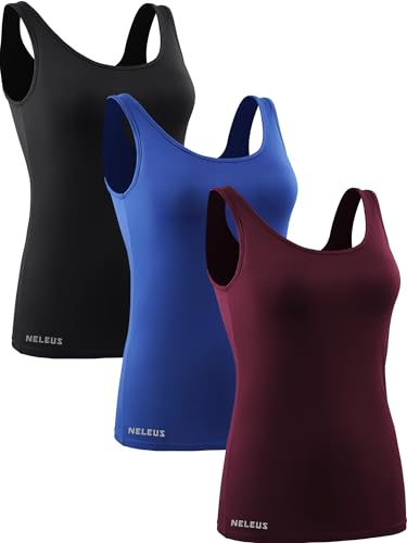 NELEUS Damen-Kompressions-Tank-Top, Stütz-Yoga-BH mit Körbchen, athletisches Laufshirt, 3er-Pack, 8087 Schwarz/Blau/Rot, Mittel